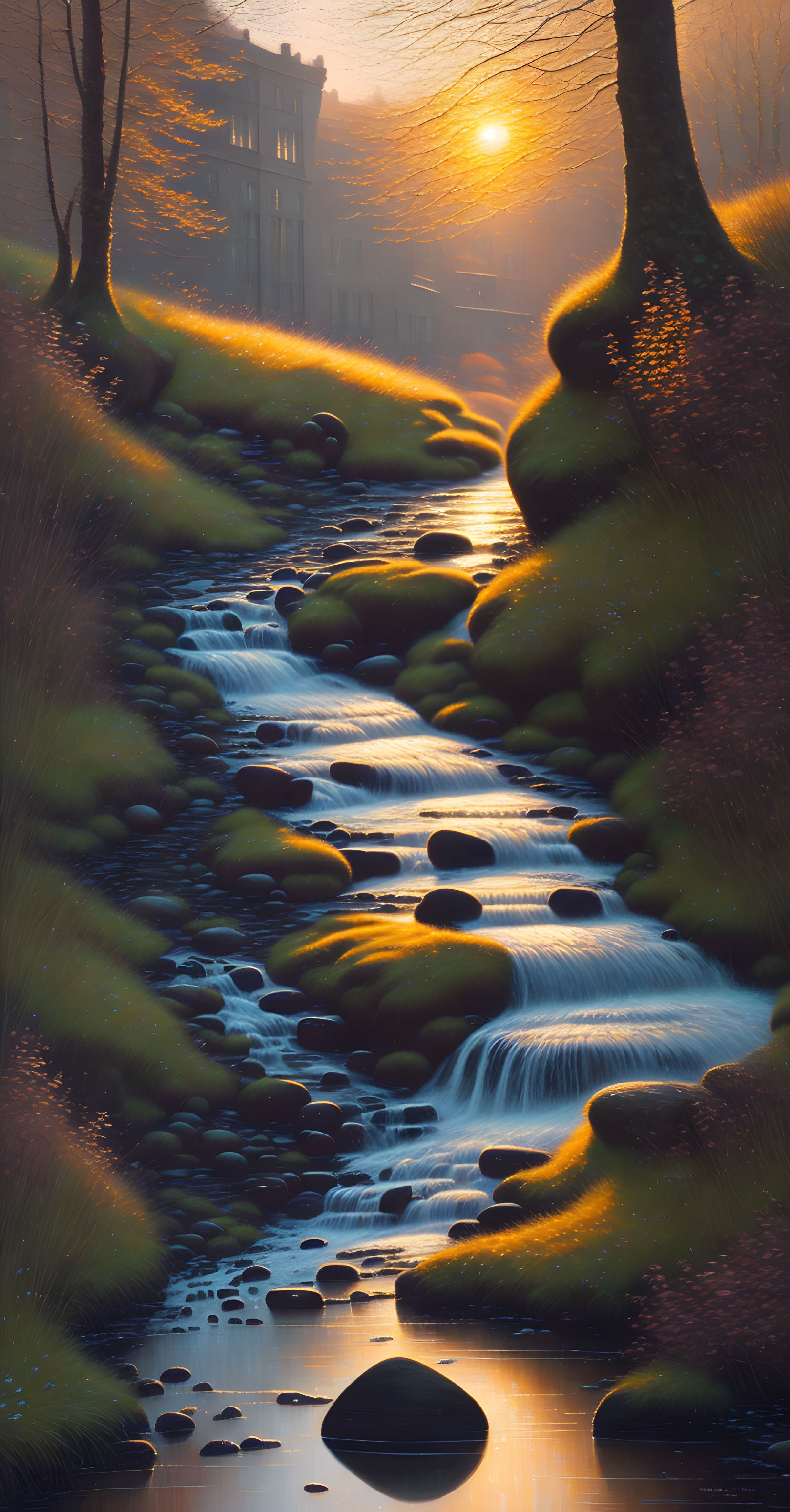 Tranquil stream among moss-covered stones in misty landscape