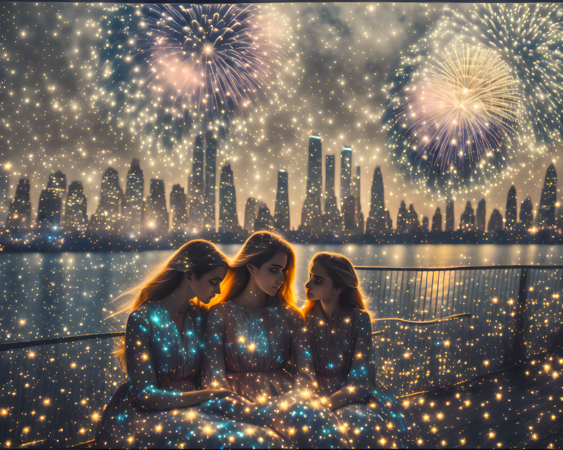 Three women chatting against city skyline with fireworks and twinkling lights