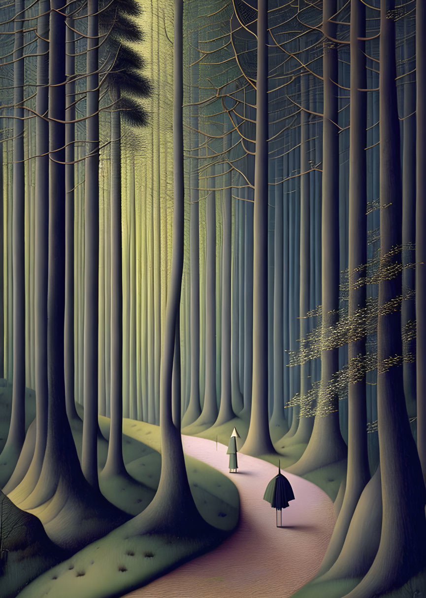 Stylized forest scene with tall trees and figures on a path