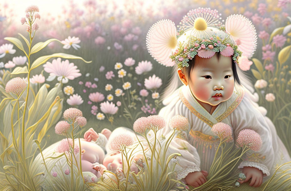 Child in traditional dress with floral headpiece in serene pink flower field