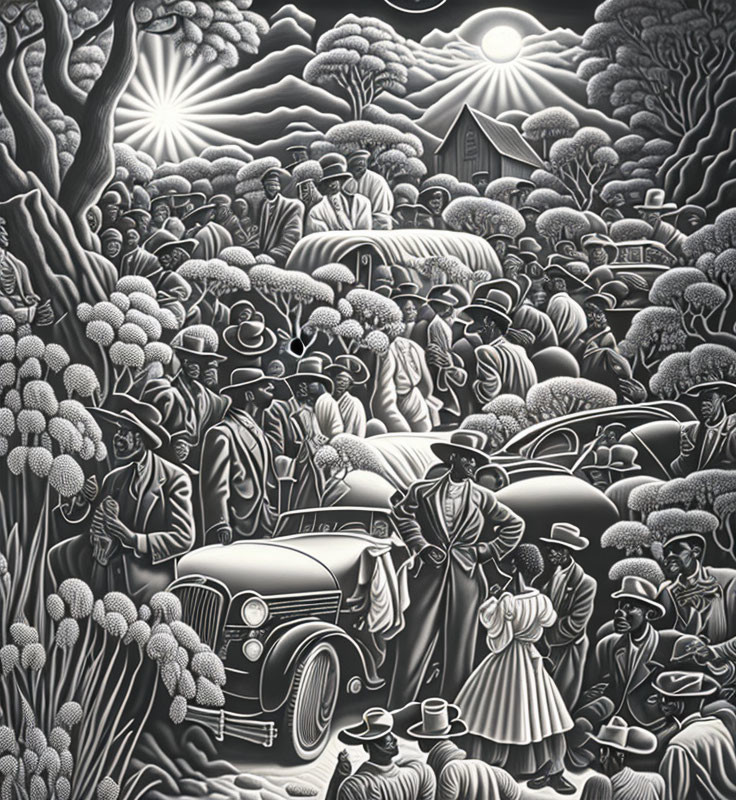 Monochrome vintage scene with classic cars and crowded figures