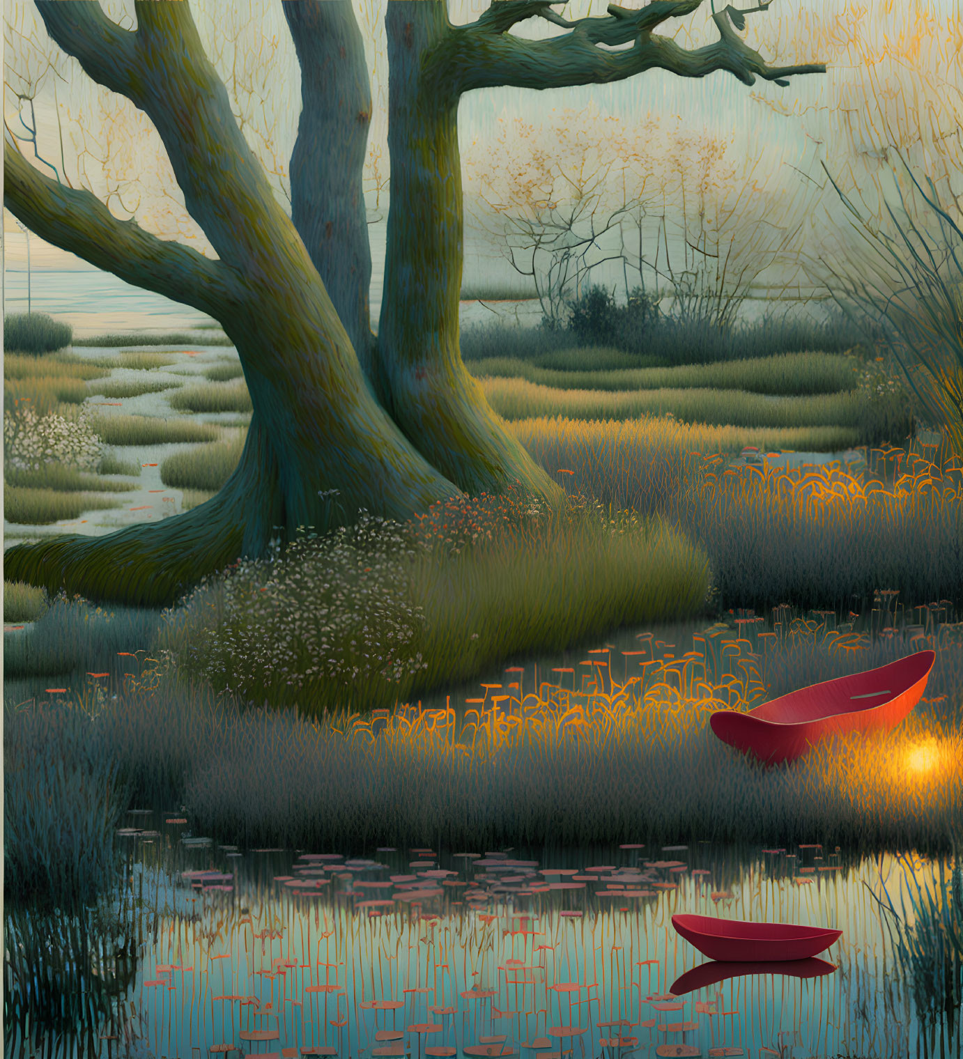 Tranquil wetland landscape with vibrant greenery and red canoes at dusk or dawn