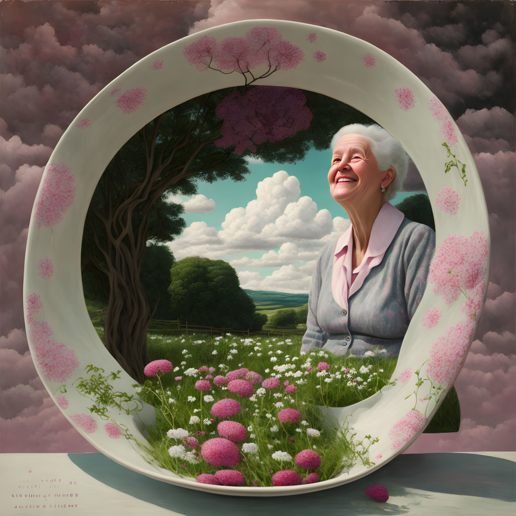 Elderly woman smiling in circular frame with tree and pink blossoms