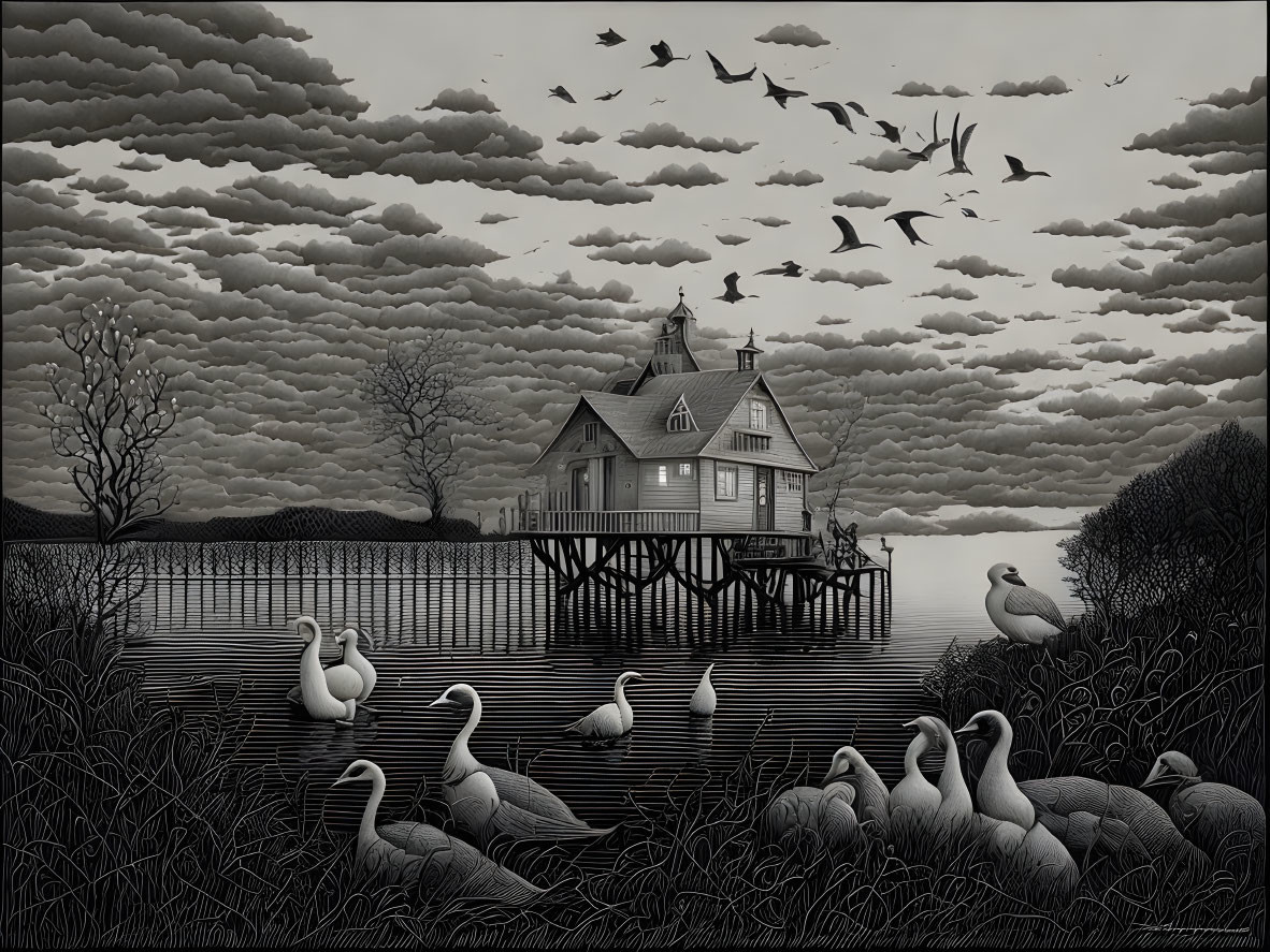 Monochrome Victorian house on pier with swans, ducks, water, cloudy sky