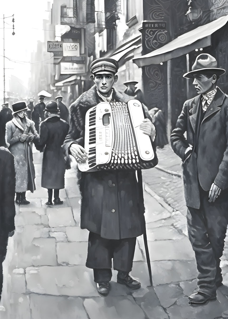 Monochrome image of young accordion player on vintage street