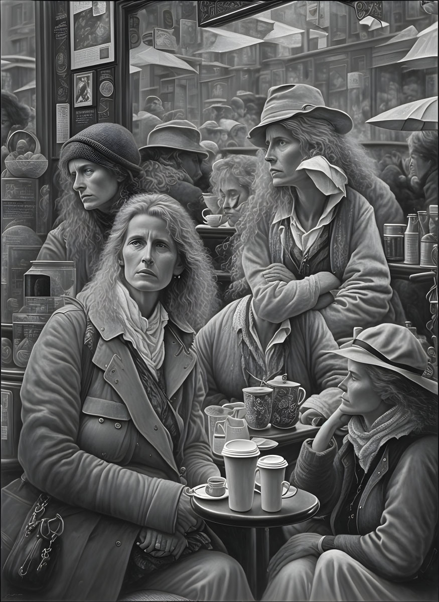 Four women in coffee shop with city life surroundings