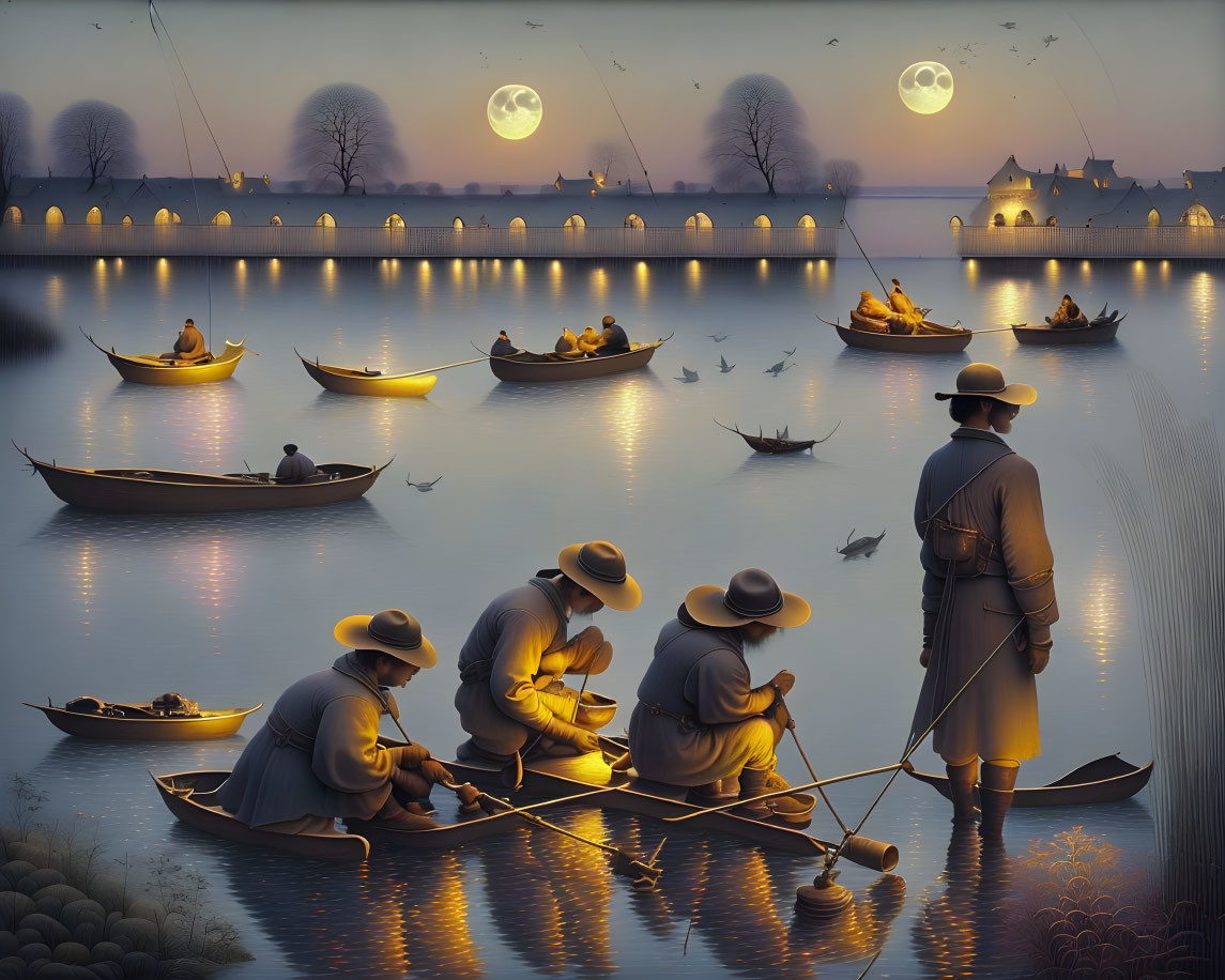 Serene lake with fishermen, two moons, and standing figure at twilight