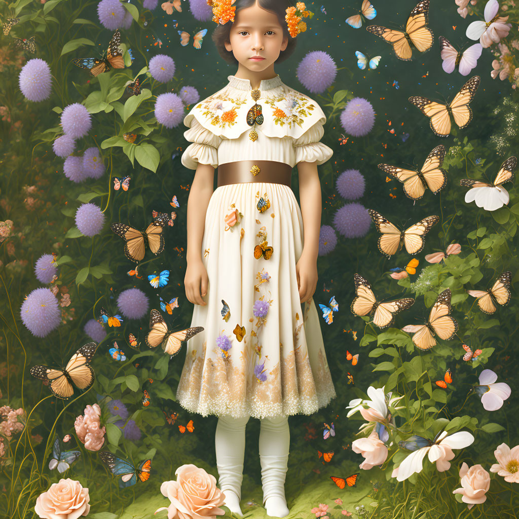 Young girl in vintage dress surrounded by flowers and butterflies in surreal garden.