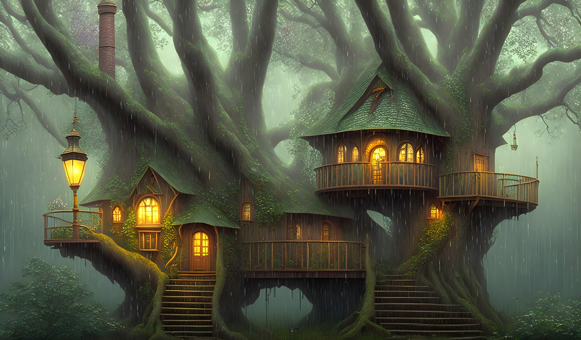 Enchanted treehouse in ancient tree with warm lights in foggy forest