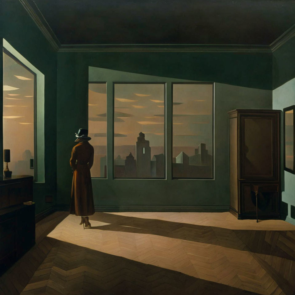 Solitary figure in room looking at city skyline at sunset