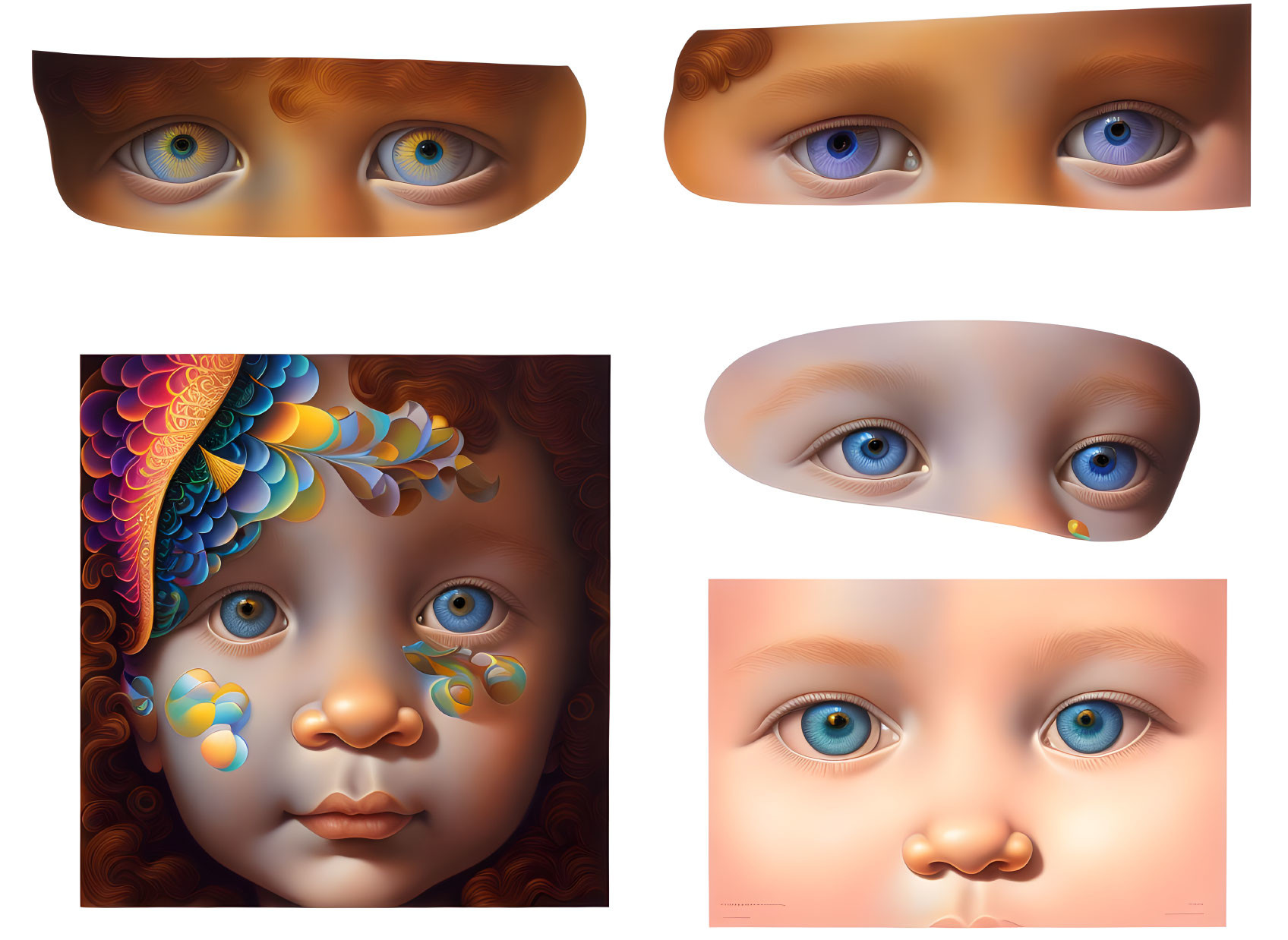 Colorful Children's Eyes and Faces Digital Illustrations with Fantastical Elements