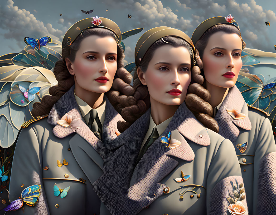 Vintage military uniform women with butterfly wings and insect motifs under cloudy sky