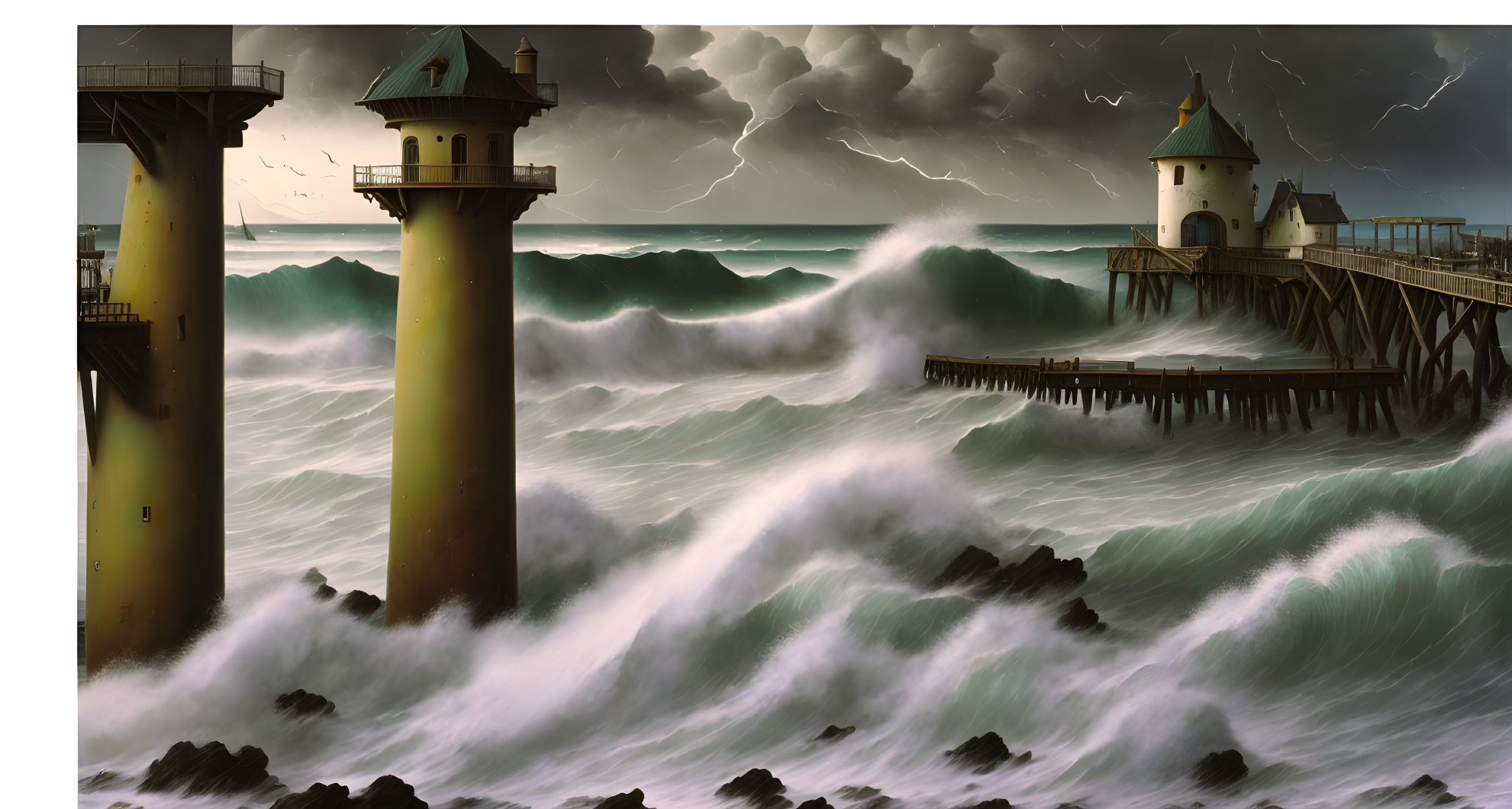 Stormy Seascape with Two Lighthouses and Pier in Lightning-lit Sky