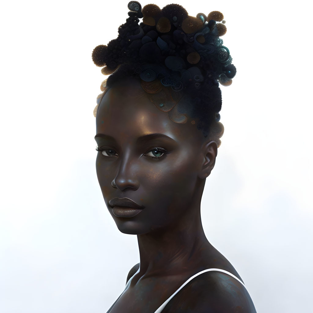 Digital portrait of woman with unique spherical hairstyle on light background