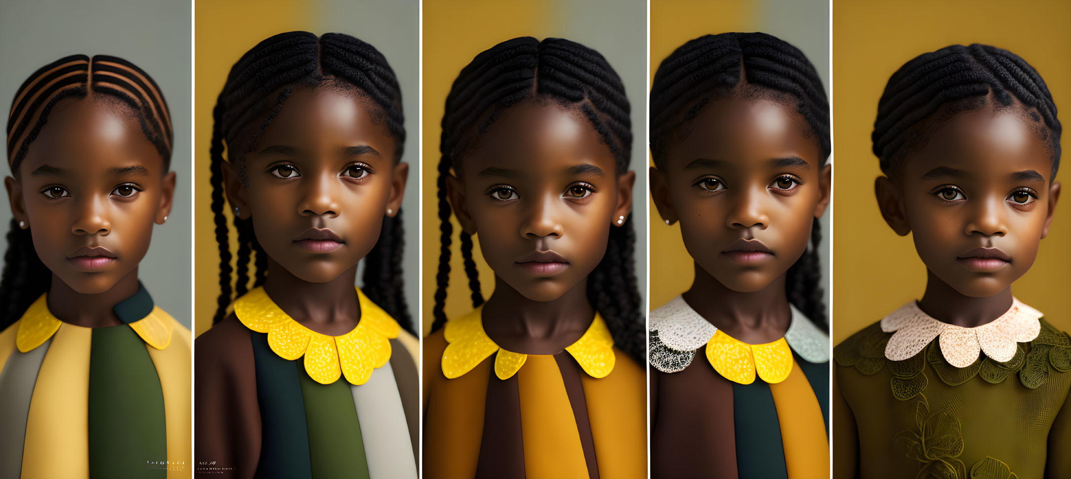 Collection of Five Young Girl Portraits in Braided Hair & Vintage Dresses