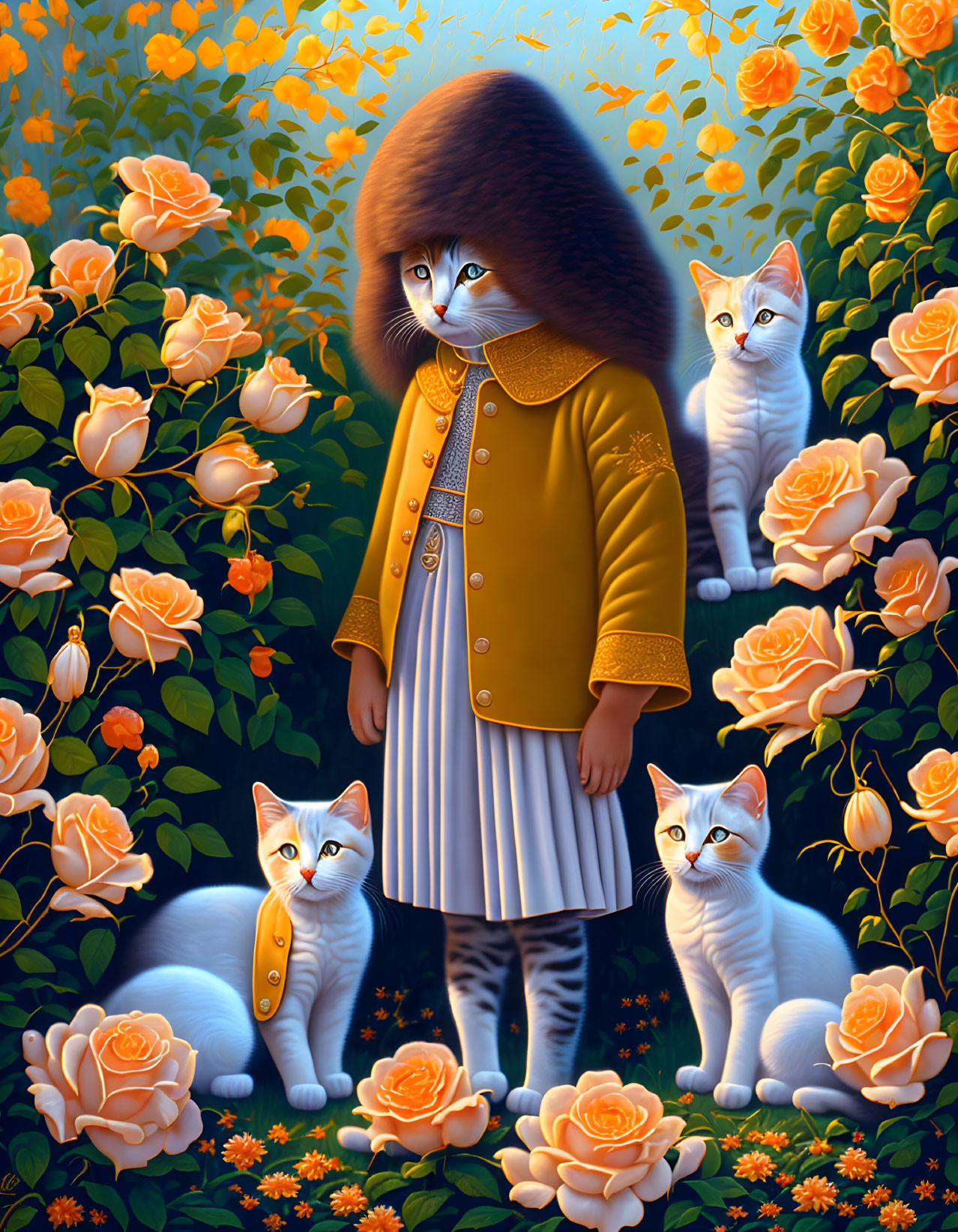 Anthropomorphic cat in yellow coat with kittens among roses in surreal setting