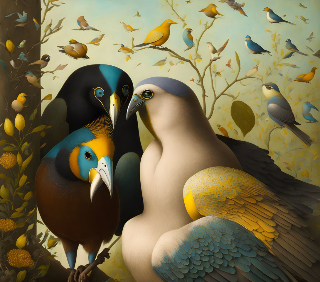 Vibrant stylized birds in surreal dreamlike scene