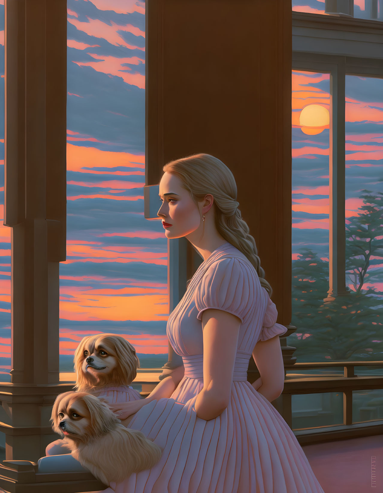 Woman in pink dress with braid and two fluffy dogs by window at sunset.