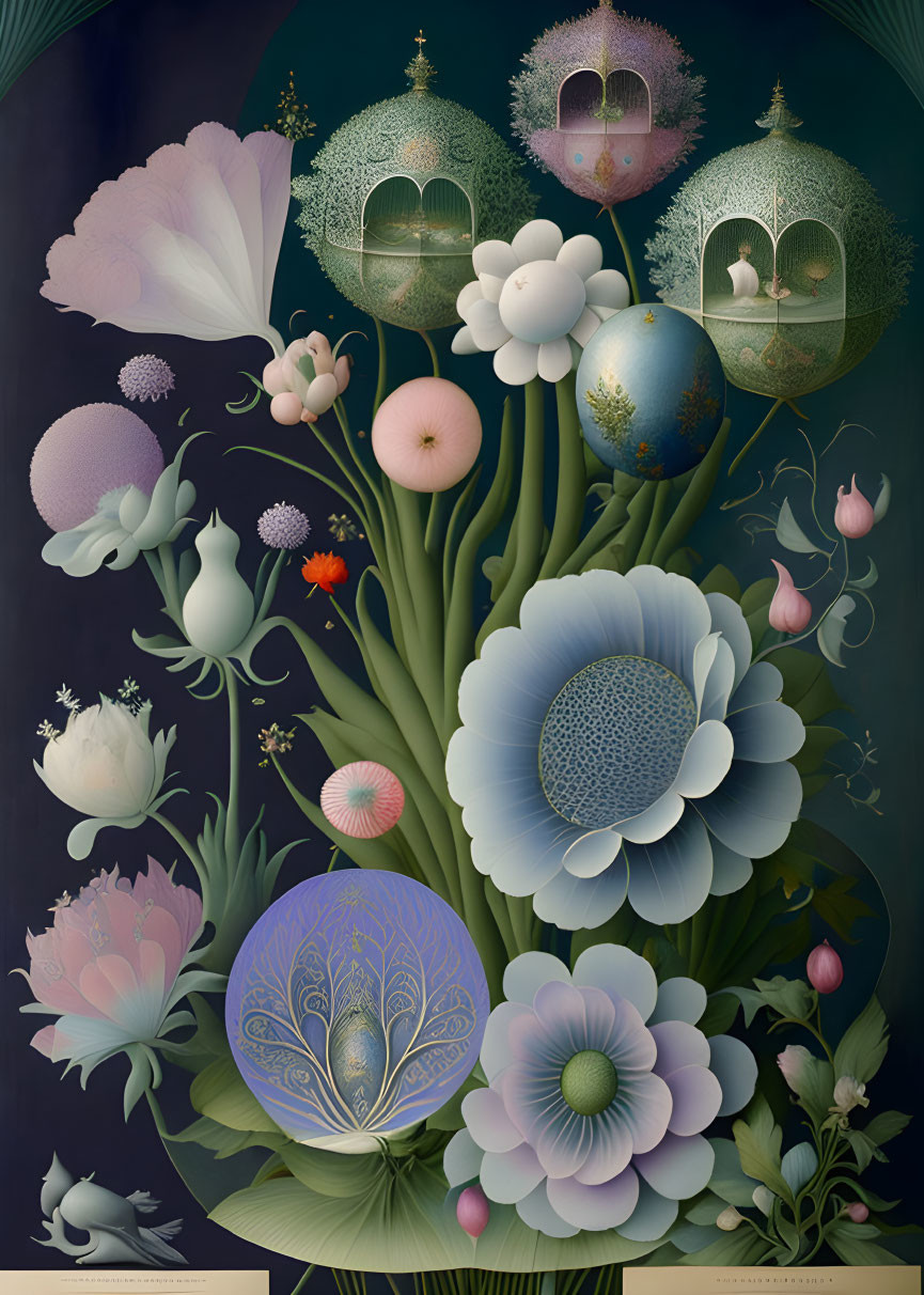 Surreal illustration: pastel flowers, floating orbs, delicate birds on dark background