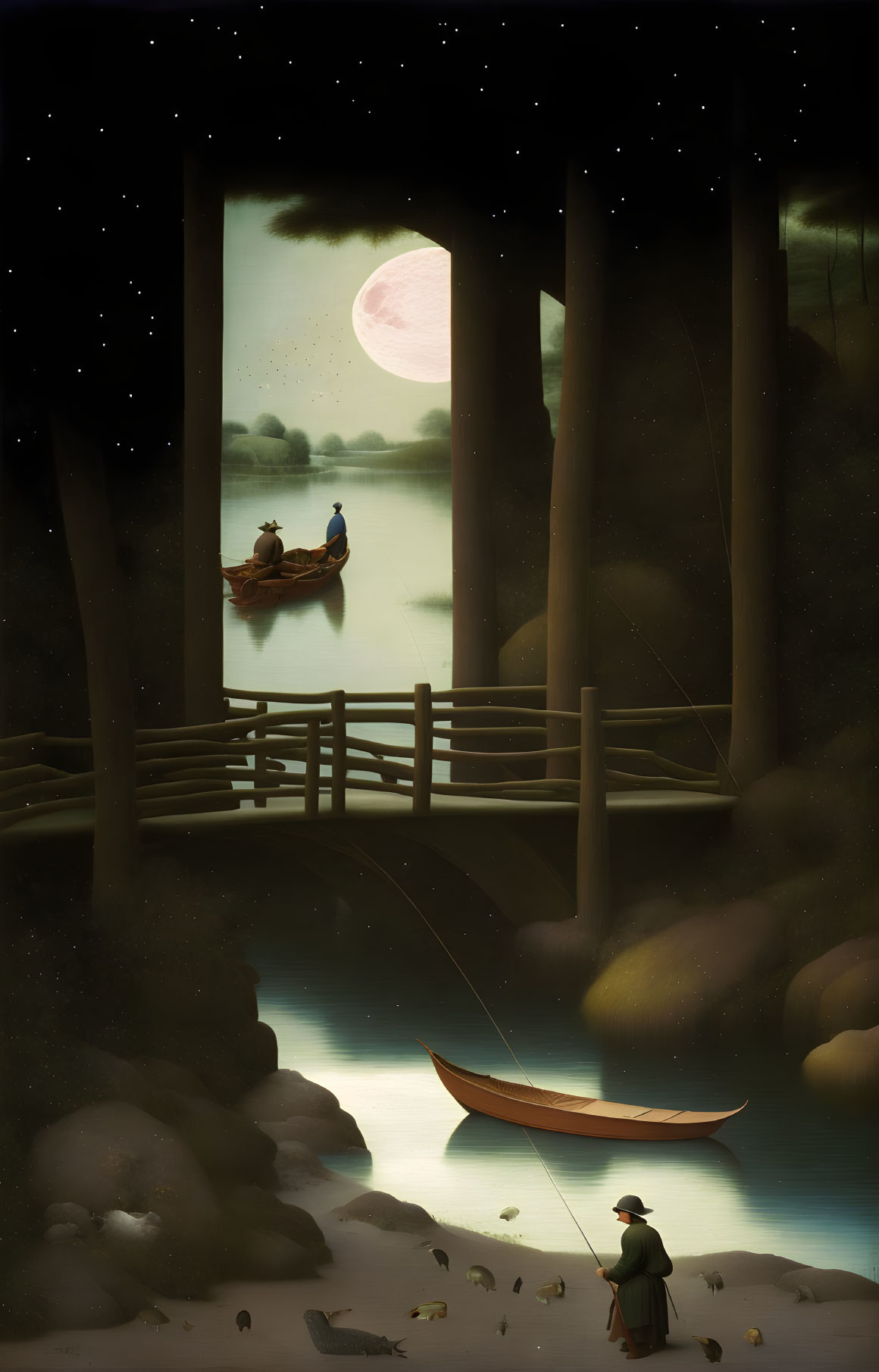 Full Moon Night Scene: Person Rowing Boat, Cat by River