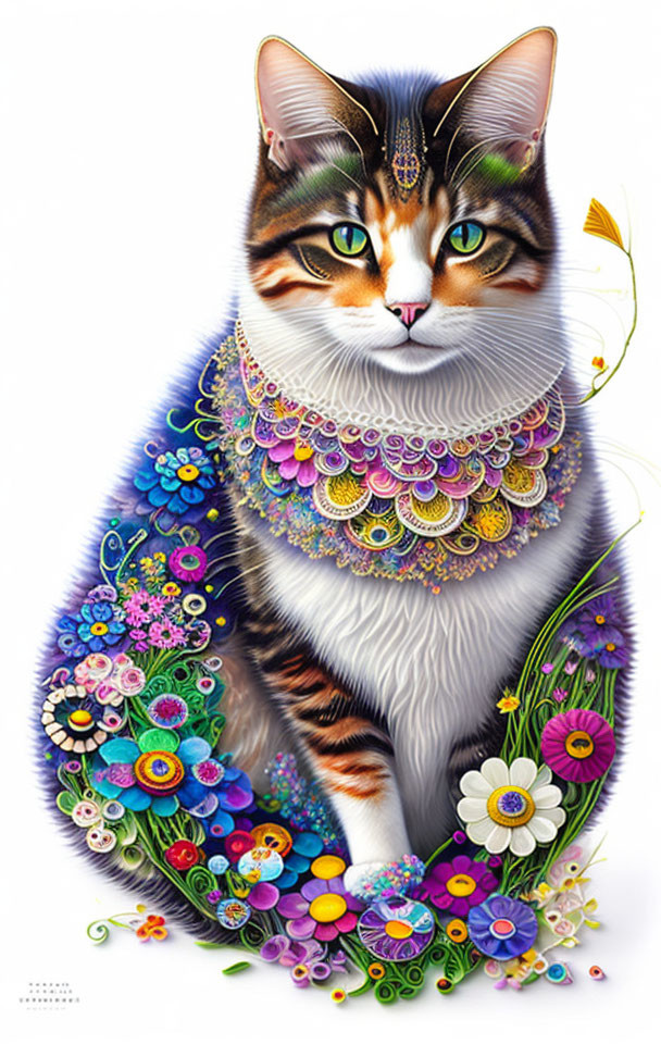 Vibrant cat illustration with floral patterns and jeweled headpiece