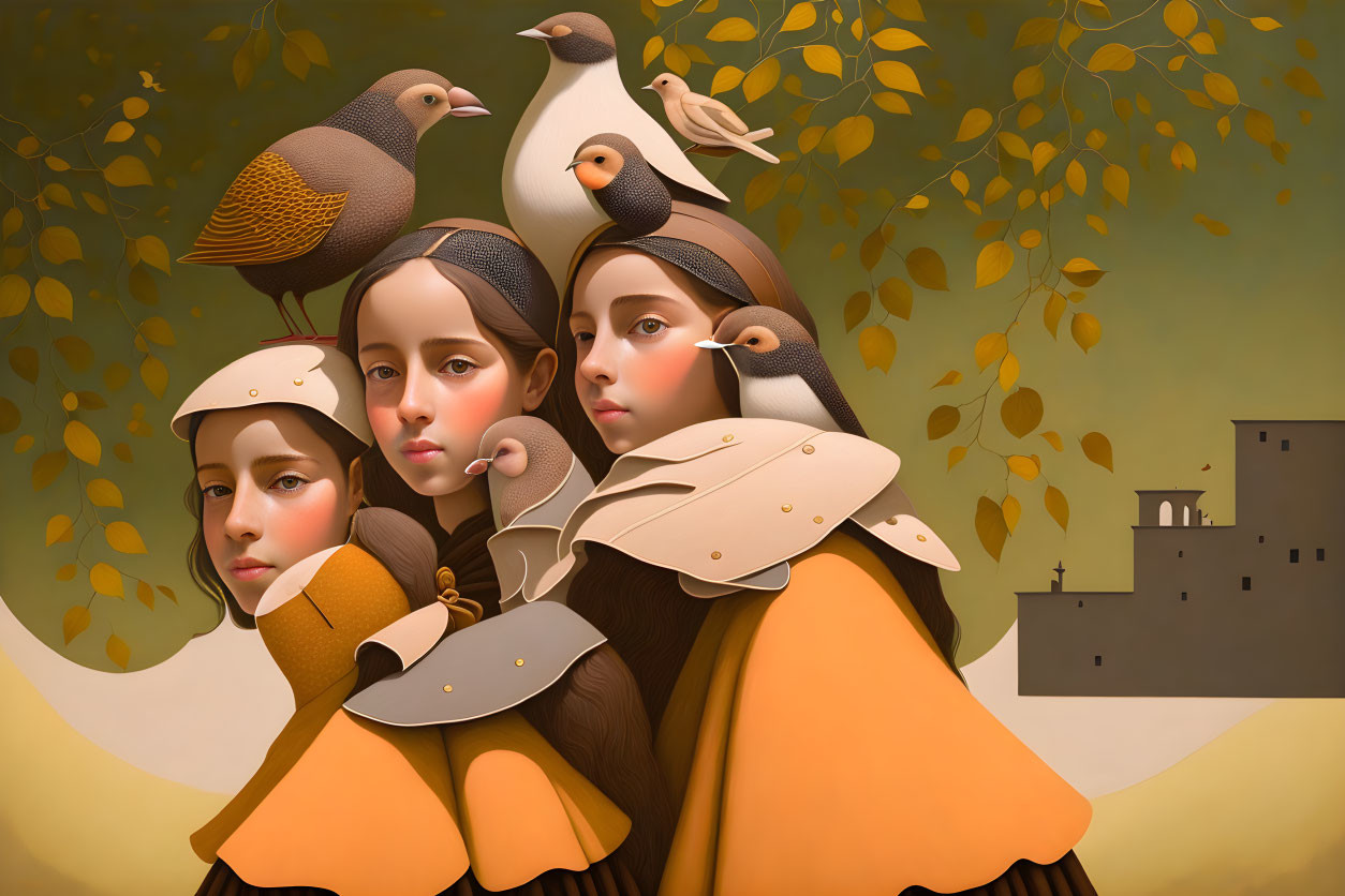 Stylized female figures with birds in autumn setting