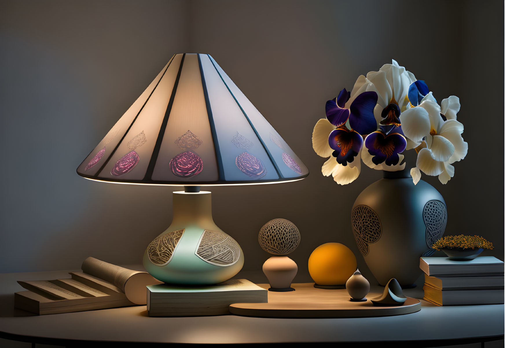 Room corner with illuminated lamp, vases, spheres, books, and flowers