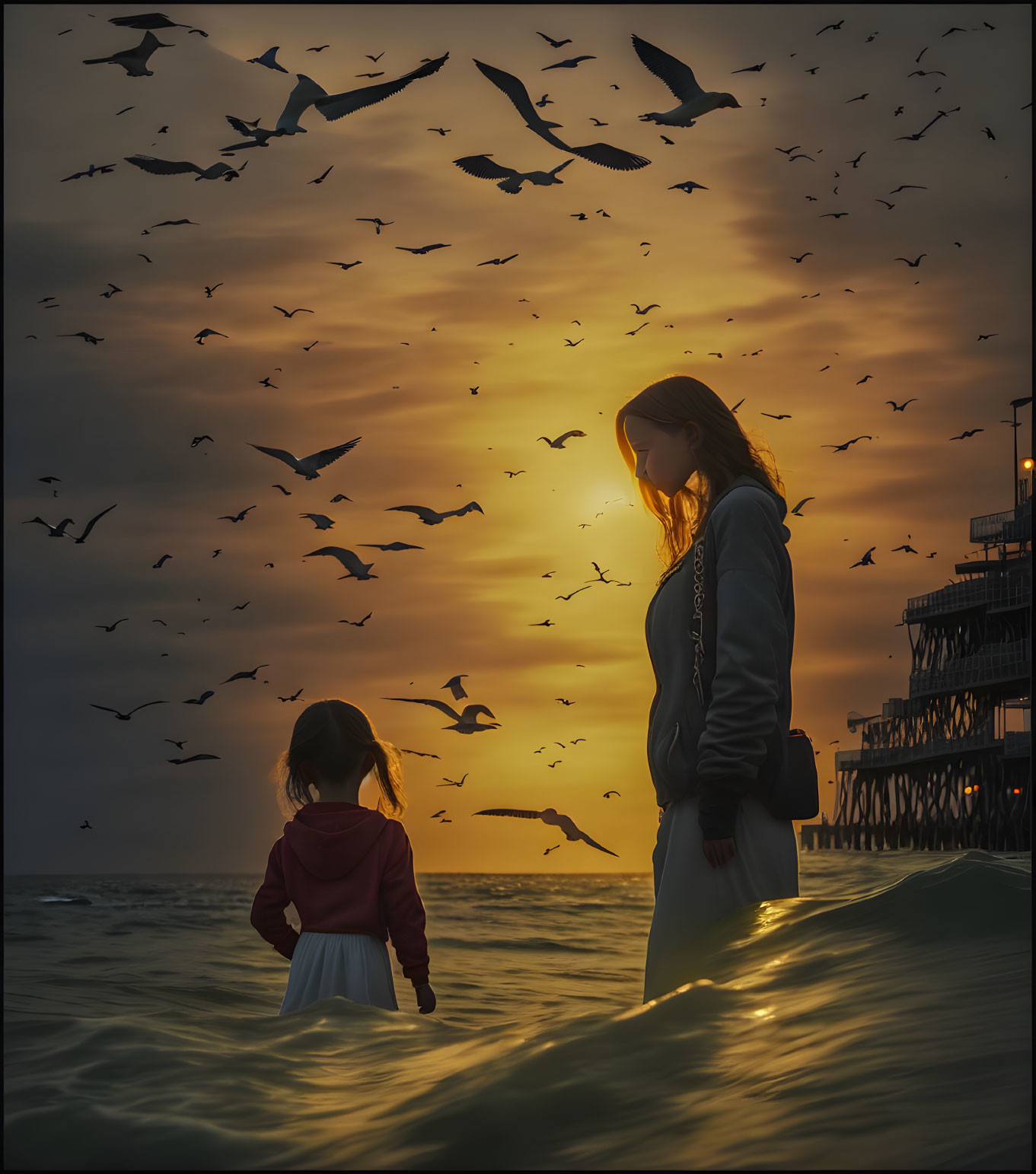 Mother and child in ocean at sunset with flying birds and pier.