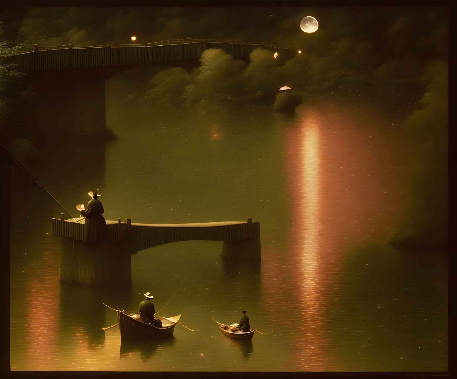 Night scene: Two boats on calm river, traditional attire, bridge, glowing lights, moon.