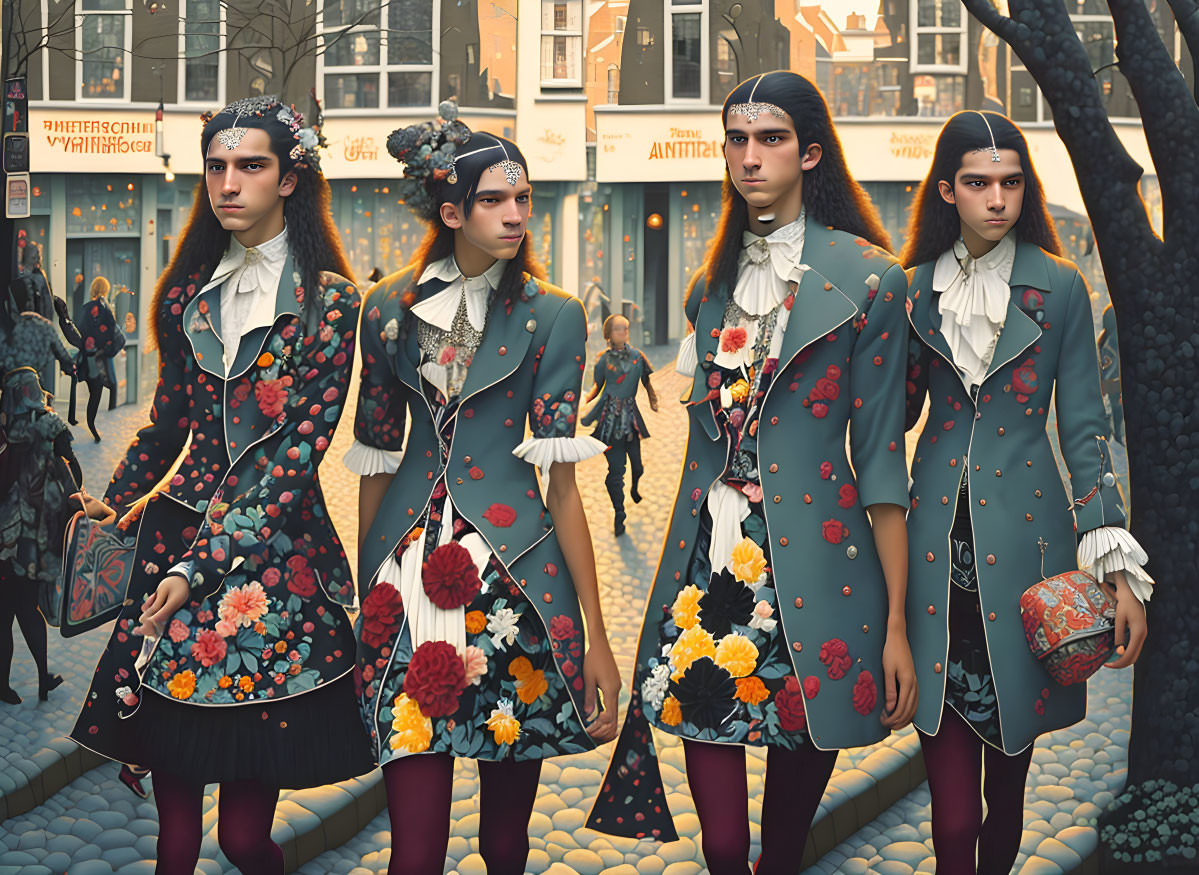 Four models in matching floral suits and headbands showcase avant-garde fashion on cobbled street