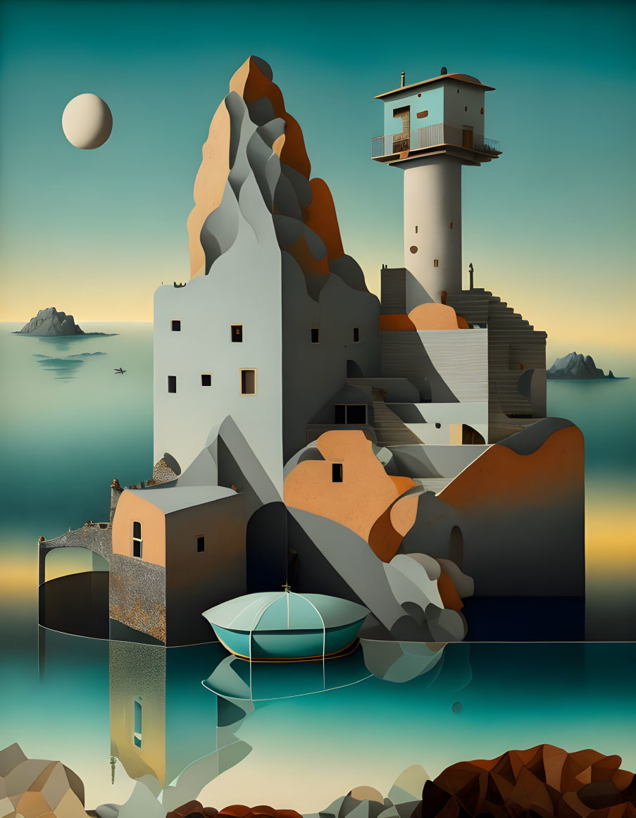 Surreal coastal landscape with geometric mountains, lighthouse, boat, and moon