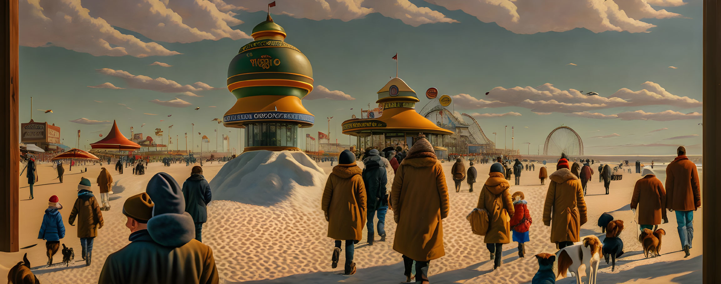 Winter boardwalk scene with snow, people, whimsical buildings, and Ferris wheel.