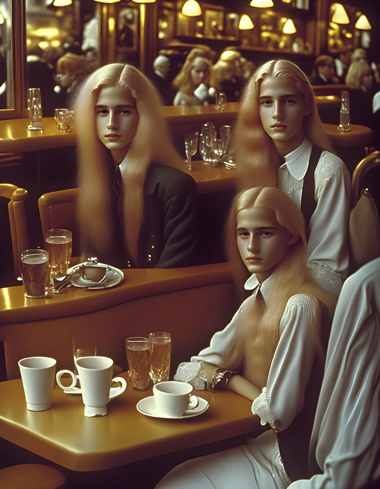 Three individuals with long blonde hair in vintage café emitting ethereal charm in golden ambiance.