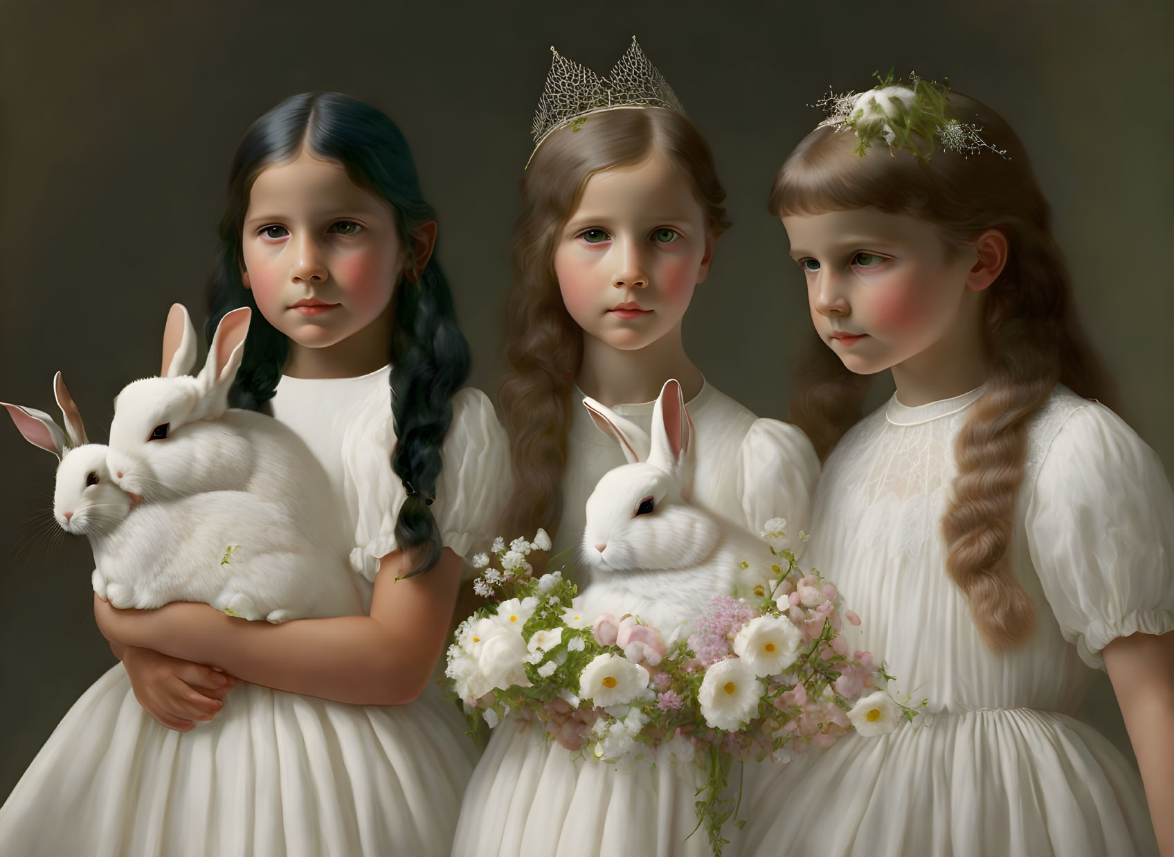 Three Girls in White Dresses Holding White Rabbits with Floral Hair Accessories