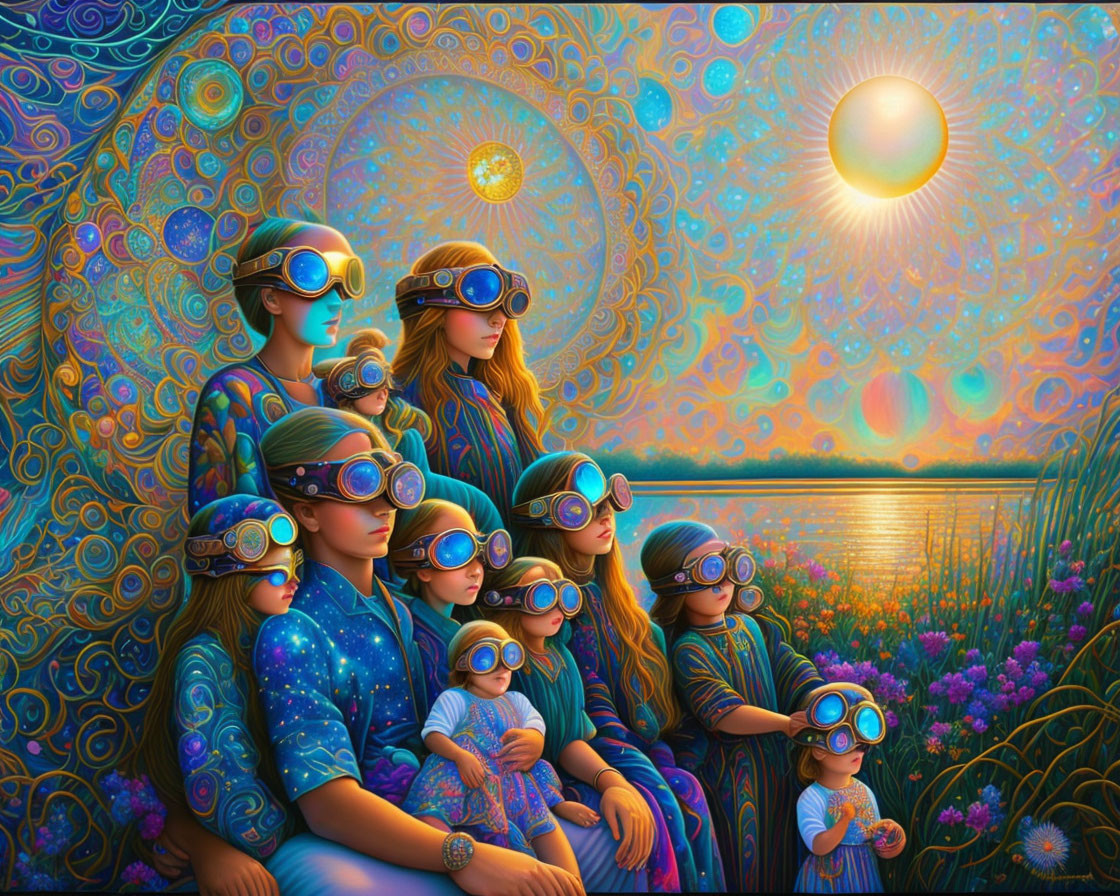 Colorful psychedelic sunset illustration with people wearing goggles by water