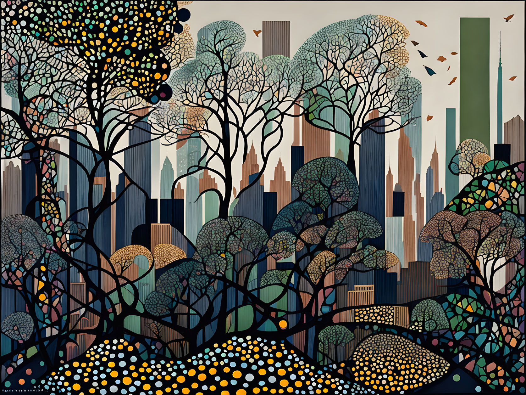 Illustration of trees and city skyline in earth tones with dots