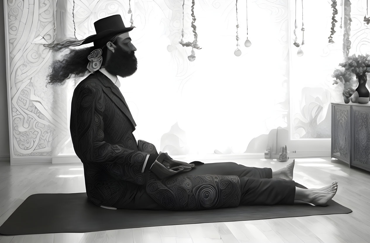 Bearded person in patterned suit and hat on yoga mat with book, surrounded by flowers and art