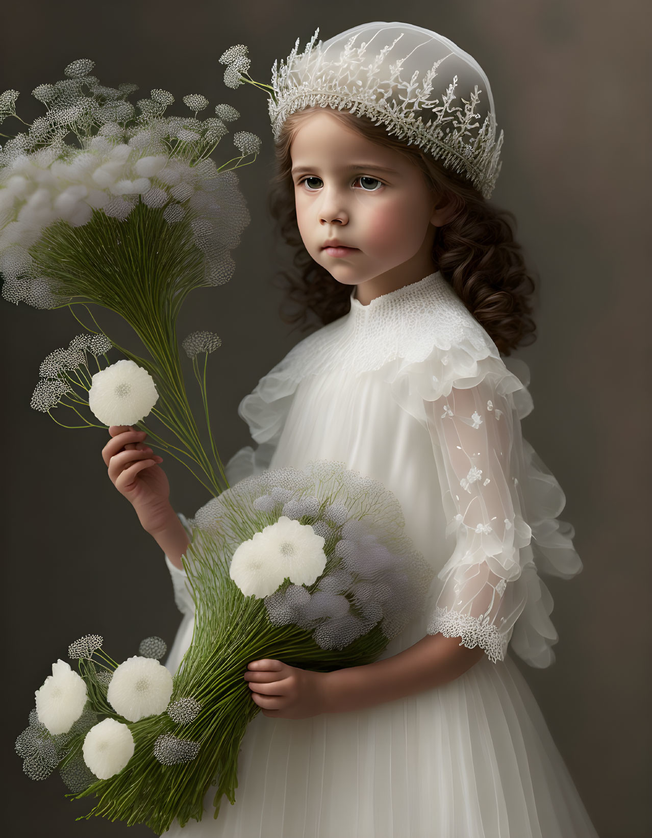 Young girl in white dress with bouquet on neutral background