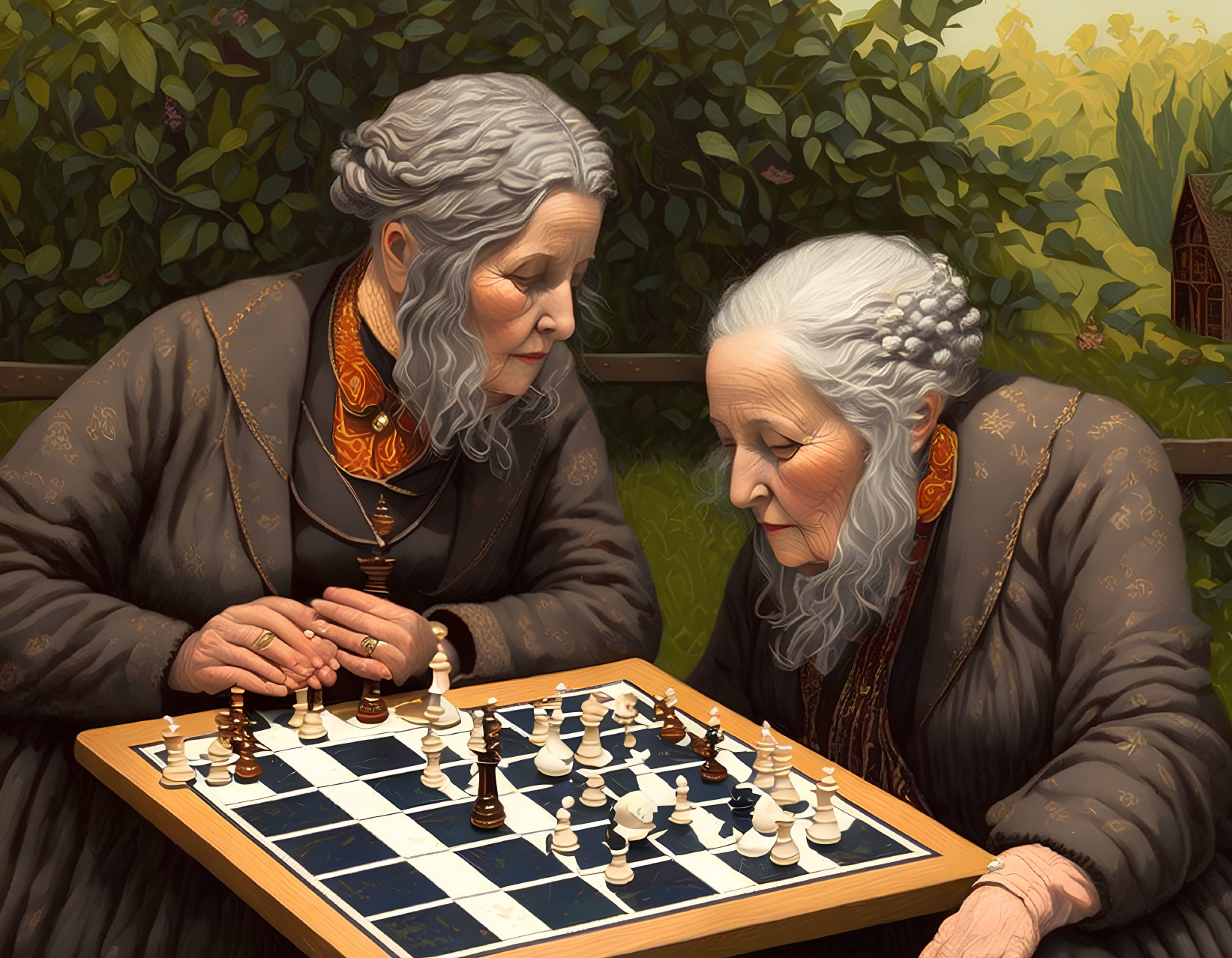 Elderly women in traditional attire playing chess outdoors