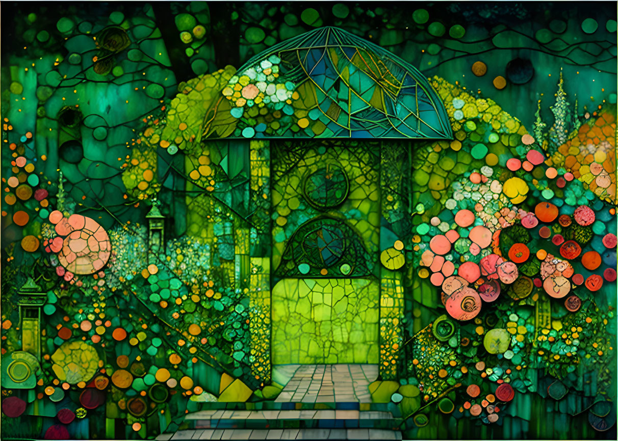 Colorful garden painting with arched doorway and bubble-like flowers