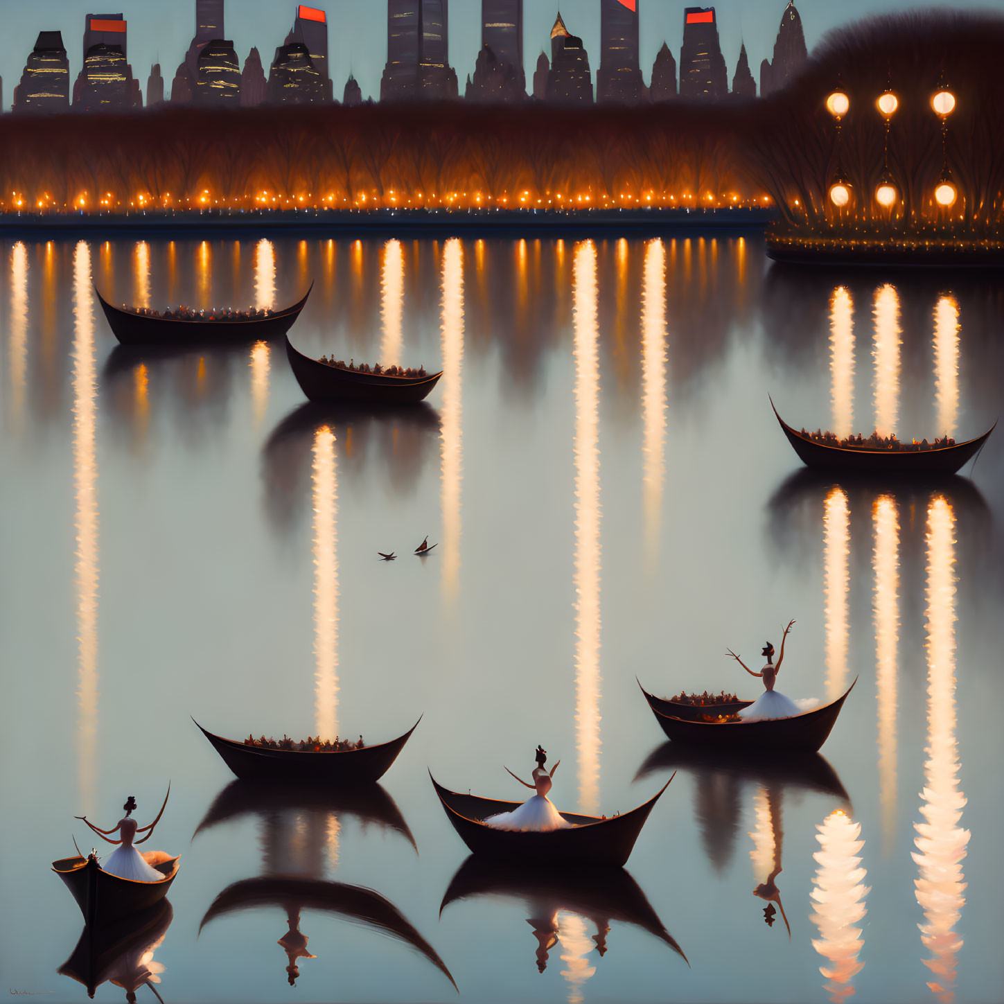 Tranquil painting of rowboats on calm water at dusk