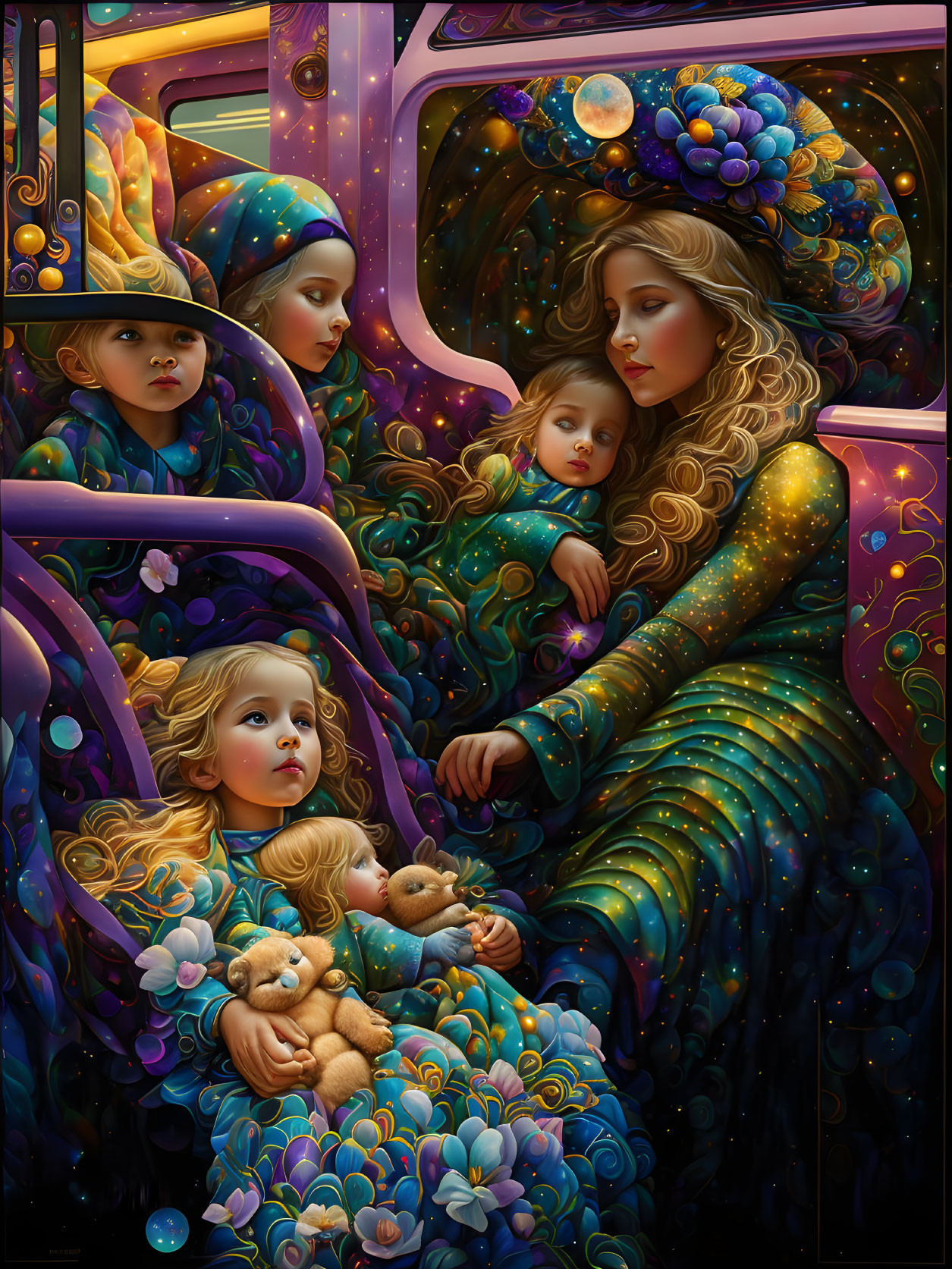 Mother and children in celestial attire in vibrant train compartment with cosmic and floral motifs