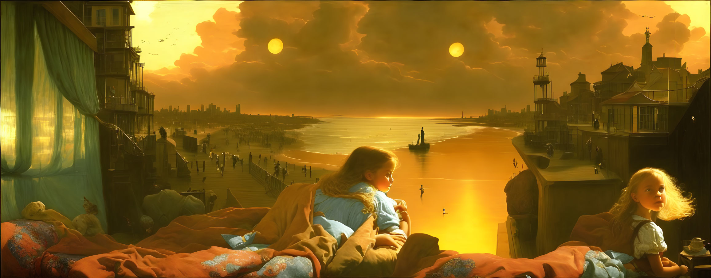 Fantastical cityscape with dual suns, girl on balcony, child by window overlooking waterways