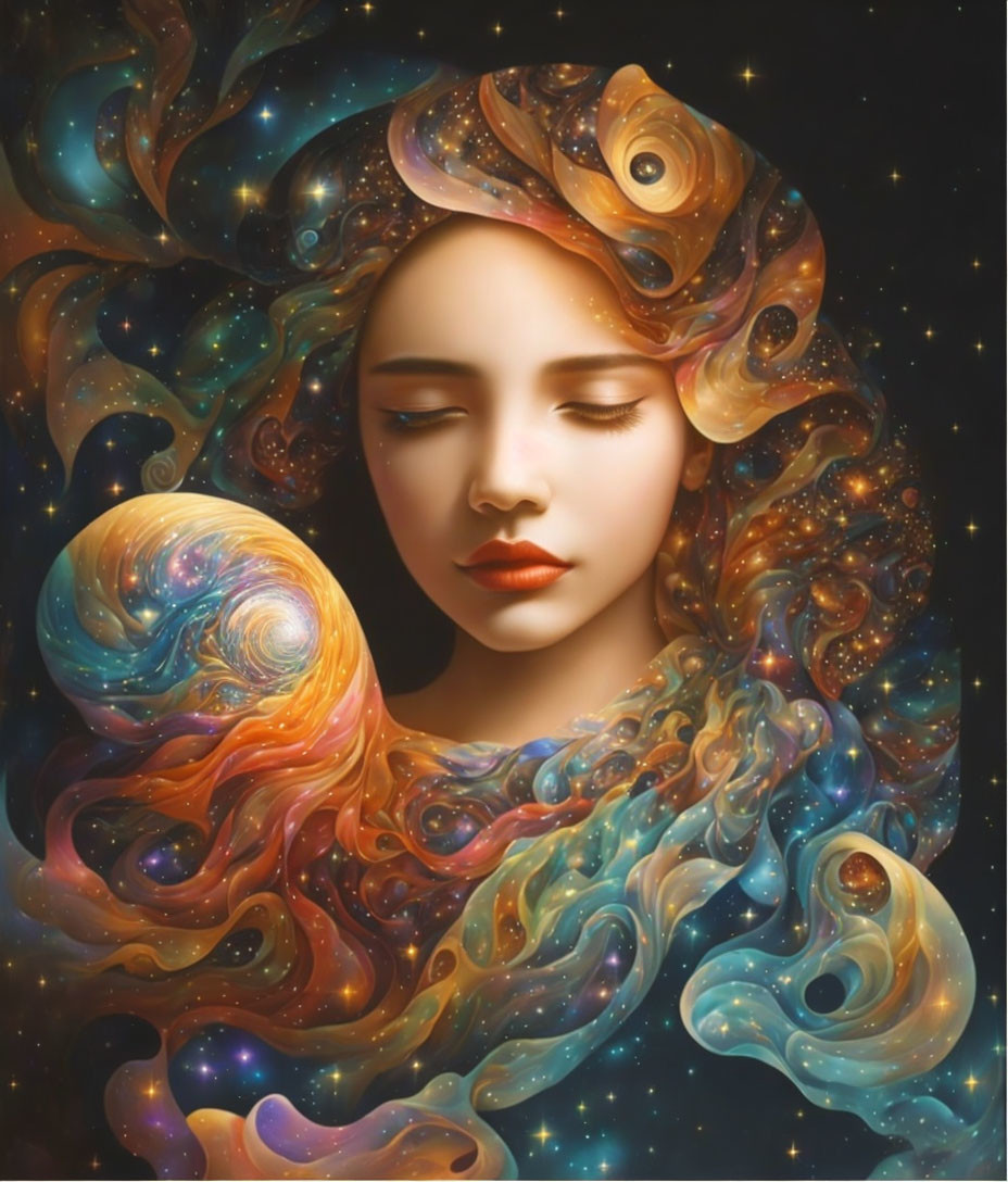 Cosmic-themed surreal portrait of a woman with vibrant galaxy hair