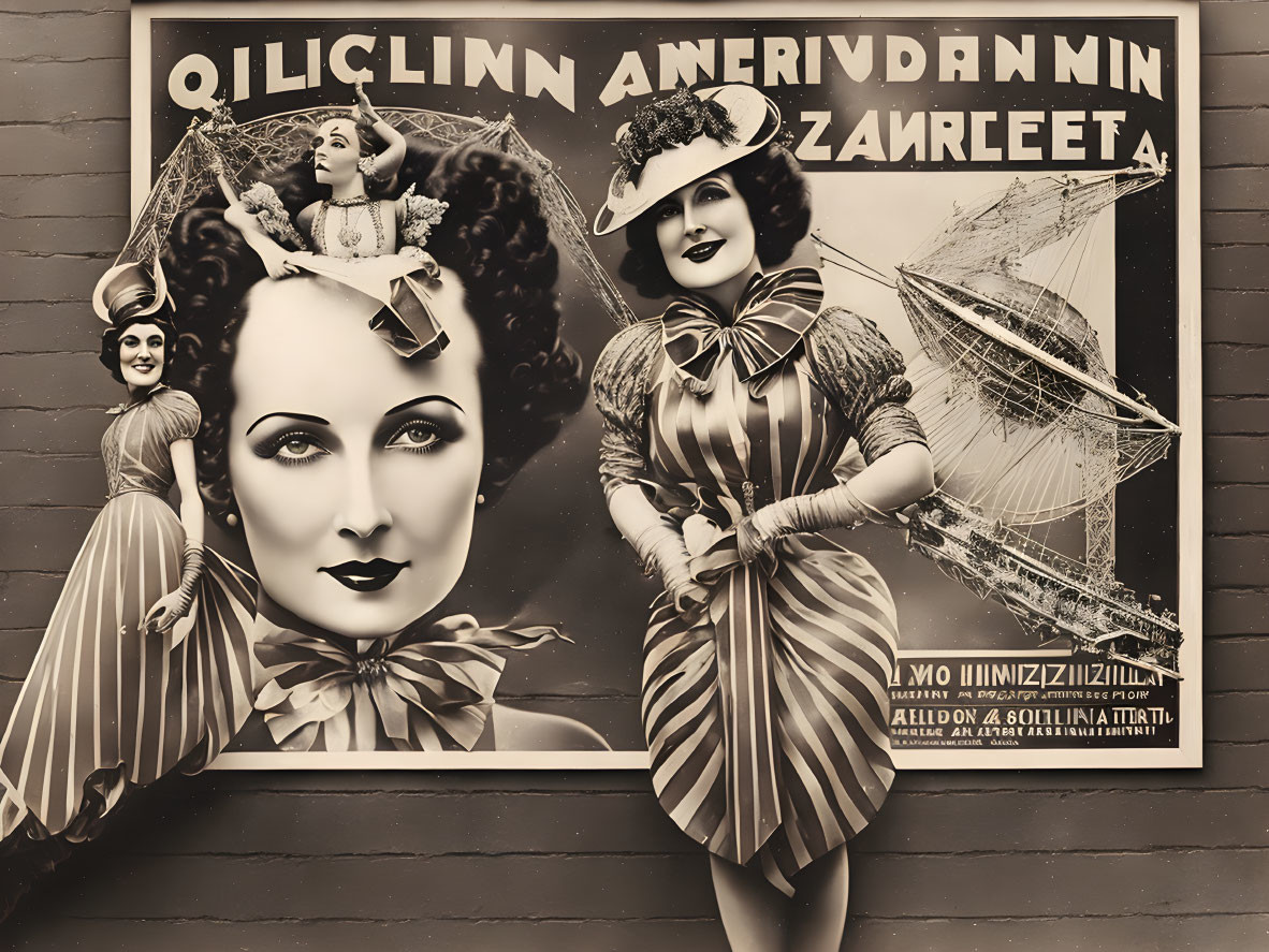 Vintage Poster: Three Women in Striped Outfits, Large Headshot, Zeppelin, Retro Fonts