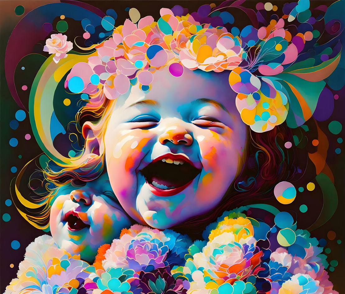 Colorful Illustration: Laughing Baby with Floral Adornment