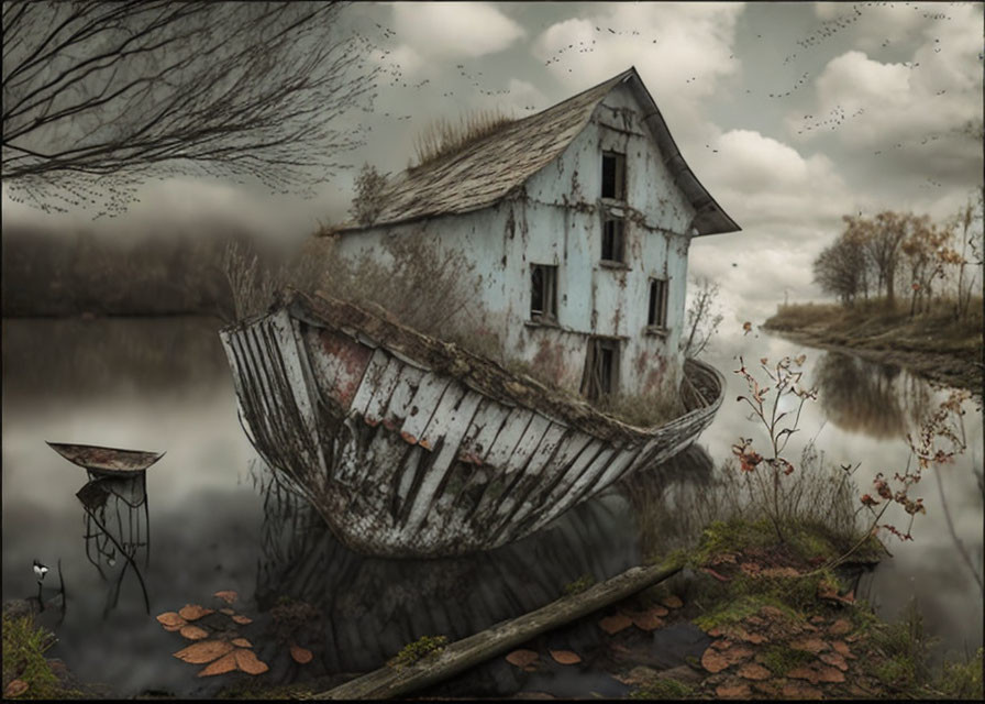 Dilapidated two-story house with boat-like structure reflected in tranquil river