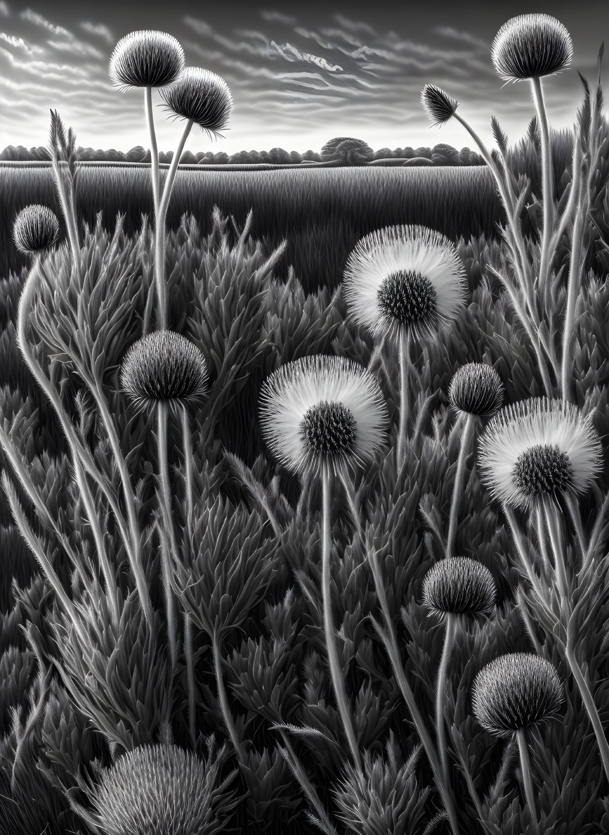 Monochrome field landscape with tall spiky plants under dramatic sky