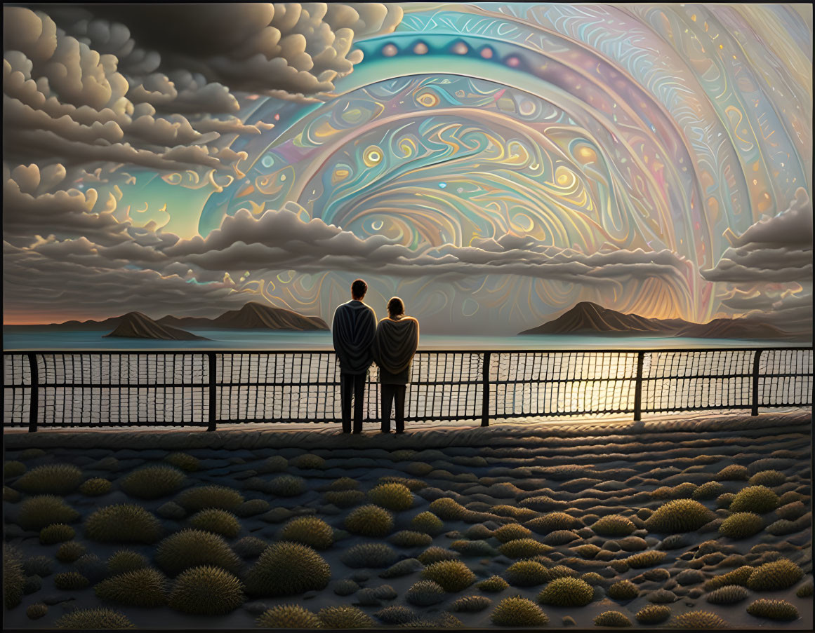 Embracing couple under surreal iridescent sky by serene seascape