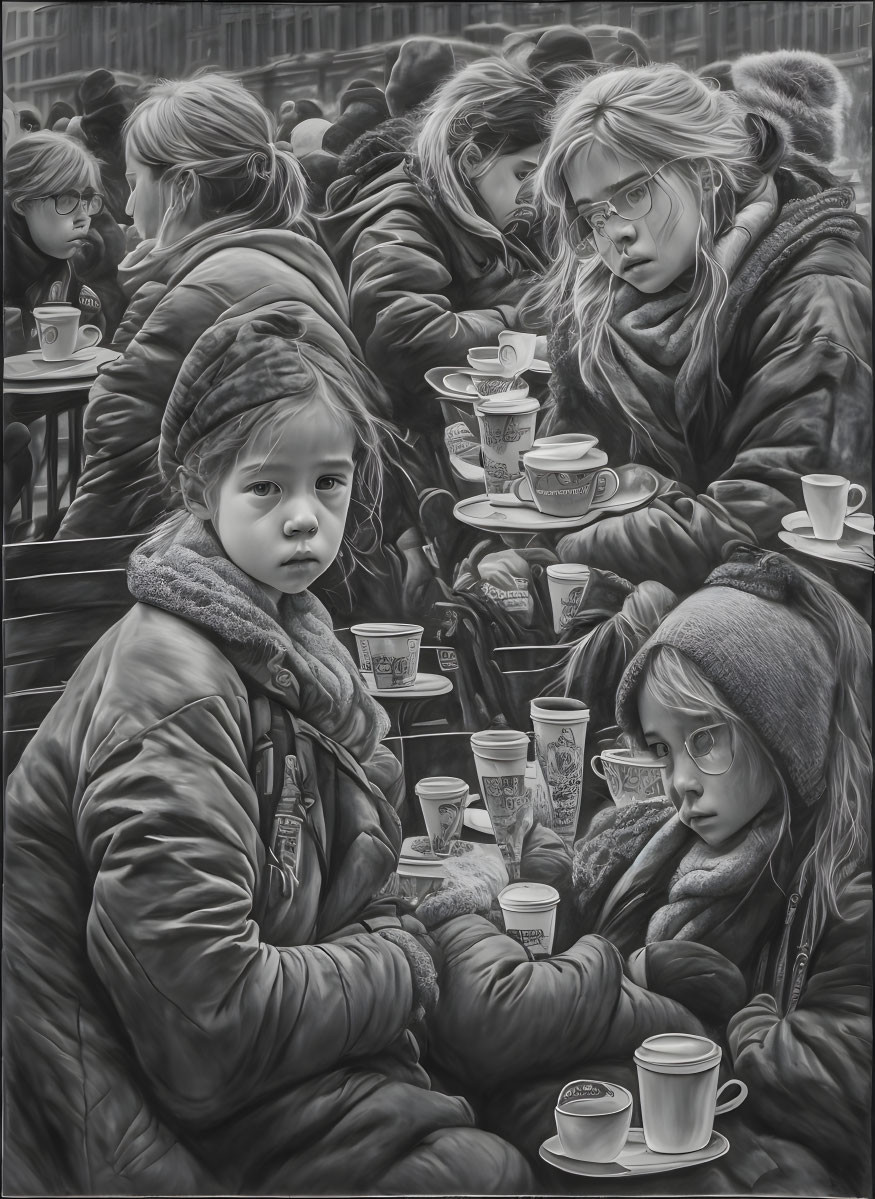 Crowded cafe scene with children at table and coffee cups